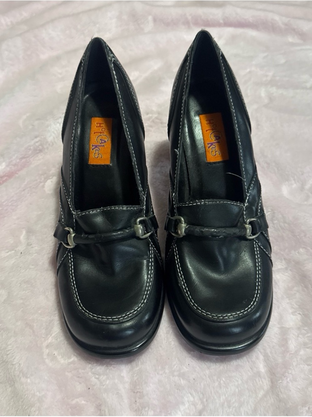 Black Leather Loafer Heels - Women's